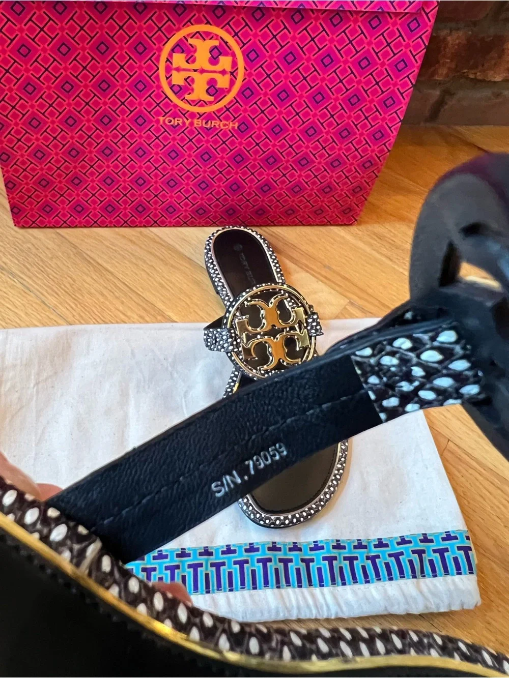 Tory Burch Black & White Leather Embossed Spotted Snake Metal Miller Sandals